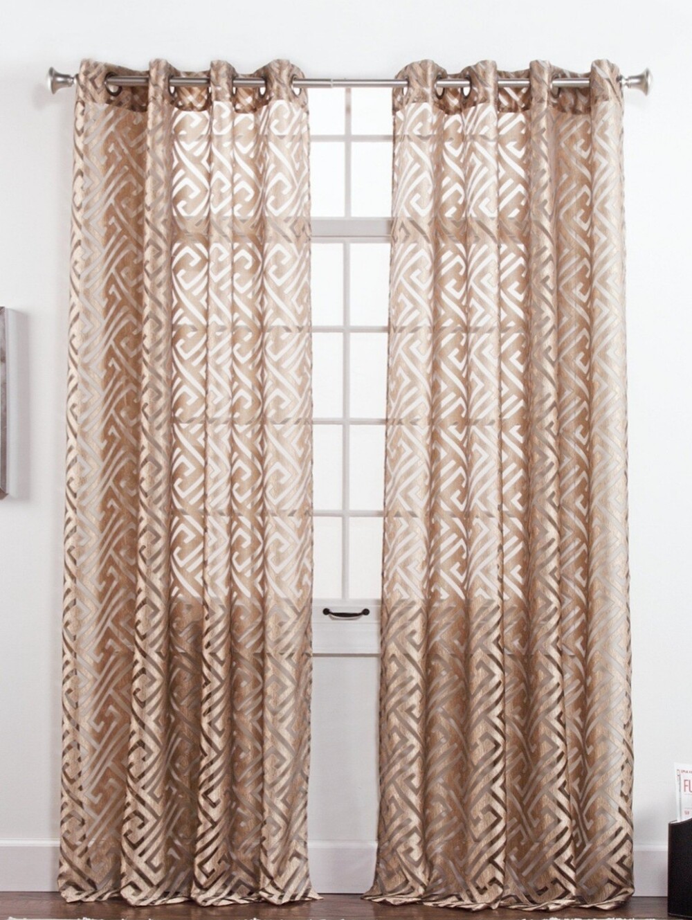 This terracotta-colored Linder Nairobi Rust Geometric Grommet Curtain Panels 2Q